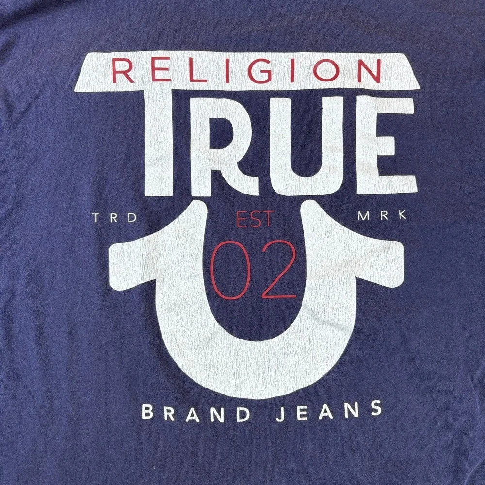 True Religion Brand Jeans T Shirt Mens XL Blue‎ Logo Short Sleeve Crew Neck